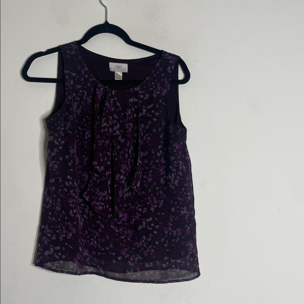 LOFT Dark Purple Floral Sleeveless Pleated Chiffon Blouse